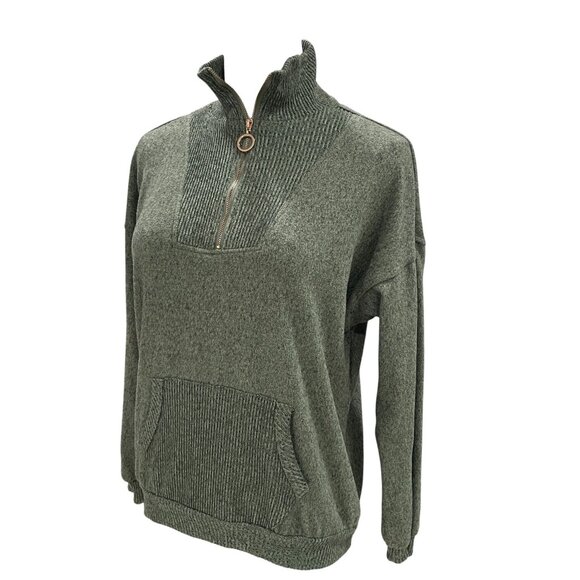 Cozy Olive Green Quarter Zip Pullover Sweater Soft Knit Minimalist Loungecore - Picture 5 of 9